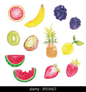 Satz von Sommerfrüchten in Aquarellmalerei mit weißem Hintergrund Stockfoto