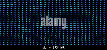 Lebendiges elektrisches Blau, Türkis und Lila Gradienten-Horizontalstreifenmuster auf Schwarz. Subtile Wellenverzerrung im Raster erzeugt Tiefe. Ideales abstraktes Geometrie- Stockfoto