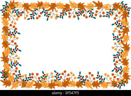 Rechteckiger Rahmenrand aus Herbstblättern und Beerenzweigen Minimalistisches Flachdesign Kopierraum Vorlage. Isolierte Vektorillustration Gruß Thematische Kartenprobe, Social-Media-Vorlage, Plakat, Banner Stock Vektor