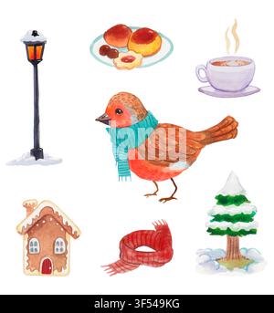 Winter-Set von Ikonen im Aquarellstil mit weißem Hintergrund Stockfoto