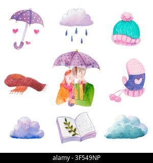Winter-Symbol-Set im Aquarellstil mit weißem Hintergrund Stockfoto