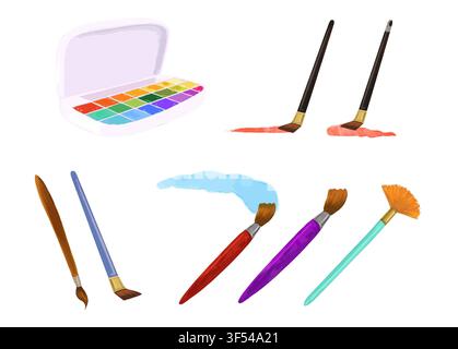 Aquarellpinsel und Palette handgezeichnet auf weißem Hintergrund Stockfoto