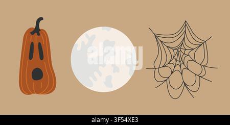 Handgezeichnete Halloween-Elemente, Kürbis Jack-o'-lantern, Spinnennetz und Vollmond für saisonale Dekoration, Party-Einladung Stock Vektor
