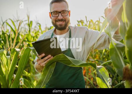 Bauer im Maisfeld mit Tablet Stockfoto