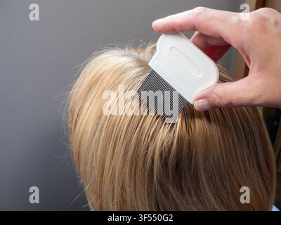 Eine Nahaufnahme von oben zeigt eine Hand, die sorgfältig einen weißen Nitkamm mit feinen Metallzähnen verwendet, um die Wurzeln von lockigem blondem Haar zu kämmen Stockfoto