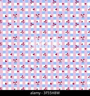 Niedliches pastellfarbenes Gingham-Karo-Muster mit burgunderroten Schleifen und Herzen auf blau-rosa Raster. Stockfoto