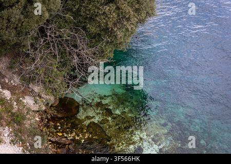 Kristallklare türkise Gewässer entlang der felsigen Ufer des Gardasees aus der Vogelperspektive bei Limone sul Garda, Lombardei, Italien. Stockfoto