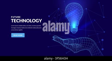Vektor-Drahtmodell 3D-menschliche Hand, die eine leuchtende Glühbirne hält. Design für ein Banner zur Zukunftstechnologie mit digitalen Technologie-Linien und Platz für Text. Künstliche Intelligenz Stock Vektor