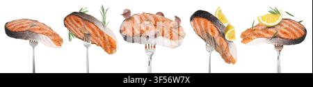 Gegrillte Lachssteaks auf Gabeln vor weißem Hintergrund, Set. Gekochter Fisch Stockfoto