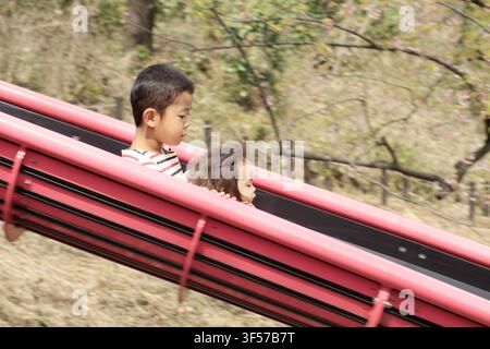 Japanischer Bruder und Schwester auf der Rutsche (6-jähriger Junge und 1-jähriges Mädchen) Stockfoto