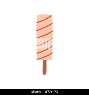 Pastellfarbener Wirbel-Eis am Holzstab Vektorillustration mit roten Streifendetails. Flaches süßes gefrorenes Dessert-Element für Sommerpartys Stock Vektor