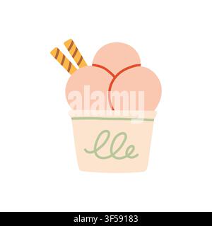 Süße rosa Eiscreme-Scoop in einer pastellfarbenen Papptüte mit Waffelkeksen Vektorillustration. Flaches süßes Dessert-Element für Sommer-Café-Menüs, Party Stock Vektor