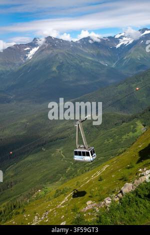Girdwood, Alaska  Die Seilbahn auf ihrem Weg hinunter zum Alyeska-Resort, nachdem sie das Aussichtsdeck auf dem Mt. Alyeska verlassen hat. Stockfoto