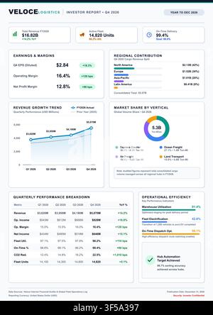 Professionelles Geschäftsdashboard, das logistische Finanzkennzahlen, regionale Einnahmen und Visualisierungen von Betriebseffizienzdaten anzeigt. Stock Vektor
