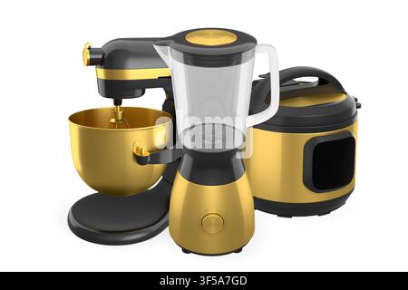 Moderne Küchengeräte einschließlich Mixer, Standmixer und Multi-Herd isoliert auf weißem Hintergrund für Kochkonzept. Stockfoto