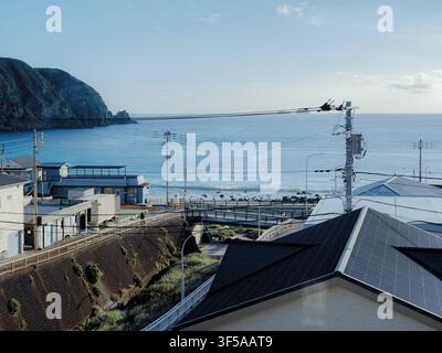 Häuser eines Küstendorfes und Stromleitungen mit Blick auf den Ozean auf der Insel Kozushima, Tokio, Japan Stockfoto