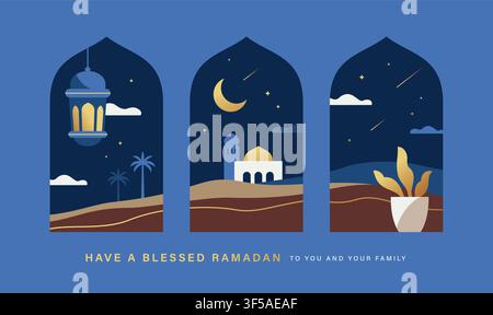 Ramadan Kareem und EID Mubarak Banner, Poster, Grußkarte, Coverdesign mit Moschee, Laterne, Halbmond und Sternen im flachen geometrischen Stil. Stock Vektor