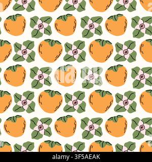 Niedliches nahtloses Vektormuster mit ganzen orangefarbenen Persimmonfrüchten, rosa Blüten und grünen Blättern auf weißem Hintergrund für Textilien und Küchendekoration. Stock Vektor
