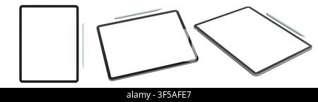 Satz moderner digitaler Tablets in Schutzhüllen mit leerem Bildschirm, isoliert auf weißem isoliertem Hintergrund Stockfoto