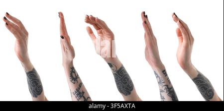 Frau zeigt ihre Hände mit Tattoos, Nahaufnahme. Collage auf weißem Hintergrund Stockfoto