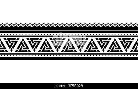 Schwarz-weißer nahtloser keltischer Rahmen mit traditionellem Knotenmuster, geometrischem Ornament und sich wiederholenden Valknut-Symbolen. Dekoratives horizontales t Stock Vektor