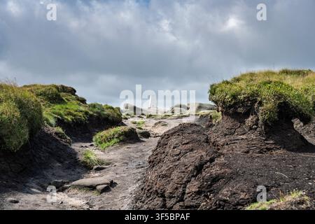 Der weiße Beton-Dreipunktpfeiler auf dem Gipfel von Bleaklow Head steht eingerahmt von dunklen, tief erodierten Torfmooren unter einem bewölkten Himmel im Peak District Stockfoto