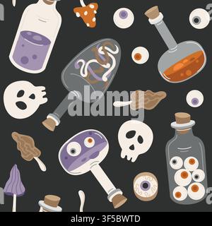 Handgezeichnetes magisches Halloween-Muster ohne Ende mit Trank, Augäpfeln, Schädel und giftigem Pilz für Hintergrund, Verpackung, Stoff Stock Vektor