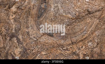 Gefaltete Gneis-Felsoberfläche mit wirbelnden Mineralbändern und eingebetteten dunklen Einschlüssen — Konzept: Geologische Textur, Natürlicher Hintergrund Stockfoto