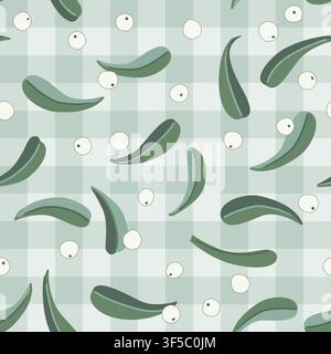 Einfache Mistelzweig-Muster niedliches nahtloses Muster auf Gingham-Hintergrund. Weißer Mistelzweig-Weihnachts-Hintergrund für Stoff, Tapete, Verpackung, Textil, Stock Vektor