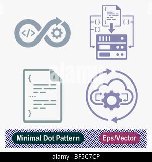 Minimaler Punktmuster-DevOps-Infinite-Code-Loop, Automatisierte Server-Skript-Bereitstellung, Quellcode-Dokumentdatei und Cloud-Automatisierungs-Synchronisationsgetriebe-Vektor Stock Vektor