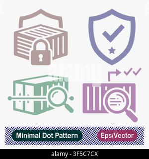 Minimales Punktmuster Geschütztes Frachtcontainer-Vorhangschloss Schild, Verifizierter Sicherheitsschild-Hakenkreuz Stern, Versandcontainer-Inspektions-Lupe Stock Vektor