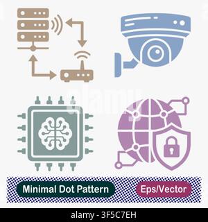 Minimaler Punktmuster-Drahtloser-Server-Router-Netzwerkverbindung, CCTV-Kuppelsicherheitskamera, KI-Künstliche-Intelligenz-Gehirn-Mikrochip Stock Vektor