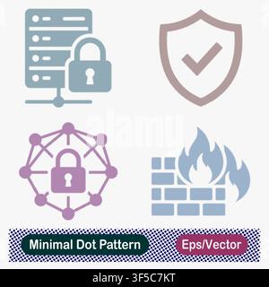 Minimaler Punktmuster-Verschlüsselter-Datenbank-Server-Vorhängeschloss, Sicherheitsüberprüfter-Schild-Haken, Sicheres-Knoten-Netzwerk-Schloss und Flammen-Firewall-Vektor-Symbole Stock Vektor