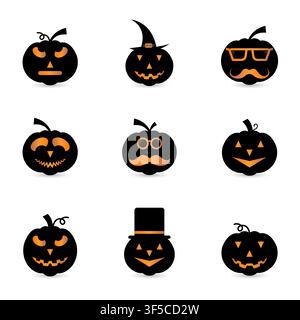 Sammlung von Halloween-Kürbisgesichts-Ikonen mit lustigen, gruseligen und dekorativen Ausdrücken. Schwarzer Silhouetten-Vektor-Satz isoliert auf weißem Hintergrund. Stock Vektor
