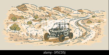 Vektorskizze eines Off-Road-Buggys, der durch Sanddünen in der Wüste fährt. Perfekt für Outdoor-Abenteuer, Safari und Motorsport-Themen. Stock Vektor