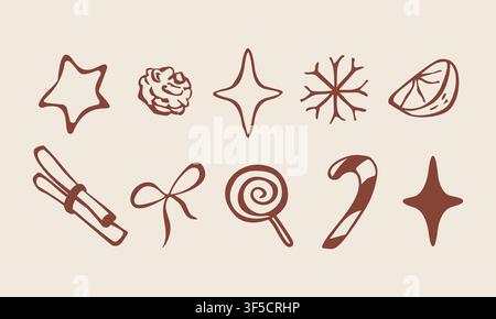 Handgezeichnete, gemütliche Weihnachtsschmuck-Elemente-Set-Vektor-Doodle-Illustration Stock Vektor