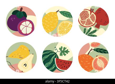 Frucht-Symbol-Set. Tropische Früchte in runden Abzeichen, ganze und geschnittene Stücke, frische Lebensmittel. Granatapfel, Mangostan und Birne. Vitamin-exotischer Bestandteil. Vektor-Cartoon-Flachstil isolierte Illustration Stock Vektor