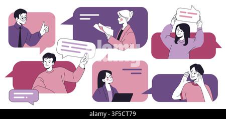 Menschen arbeiten. Geschäftsrede im Büro, Gruppenkonversation zum Thema Job oder Mitarbeiterkommunikation im Unternehmen. Männer und Frauen in Chat-Blasen, Online-Kommunikation. Digitales Interface. Vektor-flaches isoliertes Design Stock Vektor