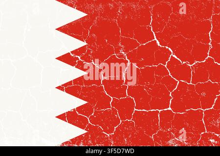 Die nationale Flagge von Bahrain in einem abgenutzten Grunge-Stil dargestellt, mit rissiger und verwitterter Textur sowie verblassten, sonnenverblichenen Farben. Das Design zeigt die Stock Vektor
