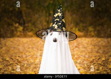 Hund in einem Geisterkostüm, mit einer schwarzen Hexenkappe. Stockfoto
