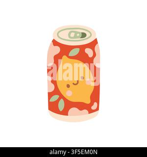 Kawaii-Limonade-Sodadose mit einem lächelnden Zitronencharakter als Vektorillustration. Flaches süßes kohlensäurehaltiges Getränkeelement für Sommerparty-Grafiken, Café Stock Vektor
