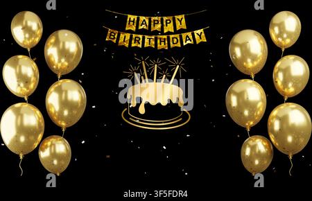 Geburtstagsballons und Kuchenhintergrund in Gold. Festliche Partydekoration auf schwarzem Hintergrund. Stock Vektor