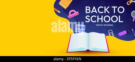 Zurück-zur-Schule-Banner mit offenem Buch und Utensilien. Helle pädagogische Hintergrund für Ihr Design. Vektorillustration Stock Vektor