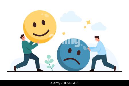 Zwei Männer bewegen glückliche und traurige Emoji-Kugeln, um positives und negatives Feedback, Stimmungskontrast, Kundenreaktion, Bewertungsauswahl zu zeigen, isoliert auf weißem Hintergrund Vektorillustration Stock Vektor