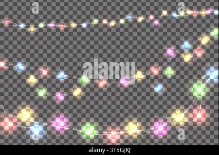 Farbiges realistisches Weihnachtslichter-Dekorationsset isoliert auf transparentem Hintergrund. Für Grußkarten. Vektorillustration Stock Vektor