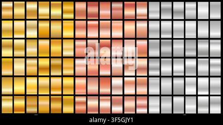 Realistische gelbe und rosa Gold-, Silber-Gradienten-Texturpackung. Glänzender goldener Metallfolien-Gradientsatz. Vektorillustration Stock Vektor