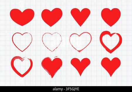 Set aus rot handgezeichneten Herzen. Valentinstag-Symbole. Zeichen isoliert auf weißem Gitterpapier. Liebe-Konzept-Aufkleber. Vektorillustration Stock Vektor