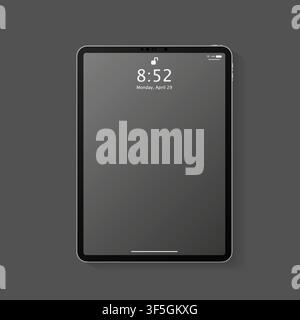 Realistisches Tablet-Computer-Modell mit transparentem leerem Sperrbildschirm. Modernes Tablet-PC-Vorlagendesign isoliert auf dunklem grauem Hintergrund. Vektor-Illustr Stock Vektor
