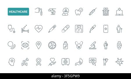 Gesundheitssymbole, die medizinische Behandlung, Diagnostik, Krankenhauspflege, Wellness, Apotheke, Chirurgie und Patientenunterstützung für klinische Kommunikation abdecken, schwarze Linienicons-Set-Vektorillustration Stock Vektor