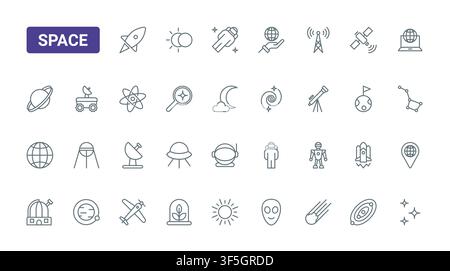 Symbole für Weltraumforschung und Astronomie mit Raketen, Planeten, Satelliten, Astronauten und Observatorien für Wissenschaft, Navigation und Entdeckung, schwarze Linien-Ikonen-Set-Vektorillustration Stock Vektor